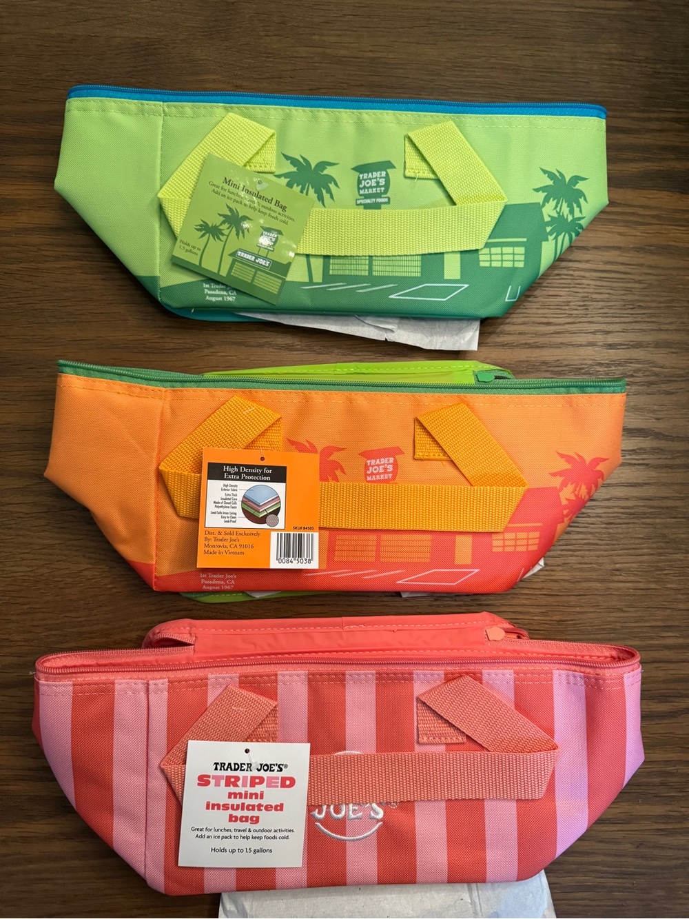 Set of 3 Trader Joe's Mini Insulated Bags - Green, Orange, Pink